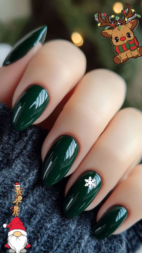 Acrylic green nails with snowflake Stag Christmas Nails, Green Christmas Acrylics, Christmas Emerald Green Nails, Festive Nails Green, Dark Green Nails For Christmas, Christmas Nails Ideas Green, Gel Nails Christmas Simple, Deep Green Christmas Nails, Green Simple Christmas Nails