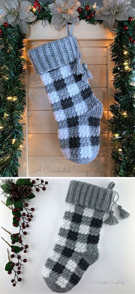 Crochet Stocking Pattern, Stocking Pattern Free, Buffalo Plaid Stockings, Christmas Scent, Crochet Christmas Stocking Pattern, Crazy Crochet, Cute Christmas Stockings, Plaid Stockings, Plaid Christmas Stockings