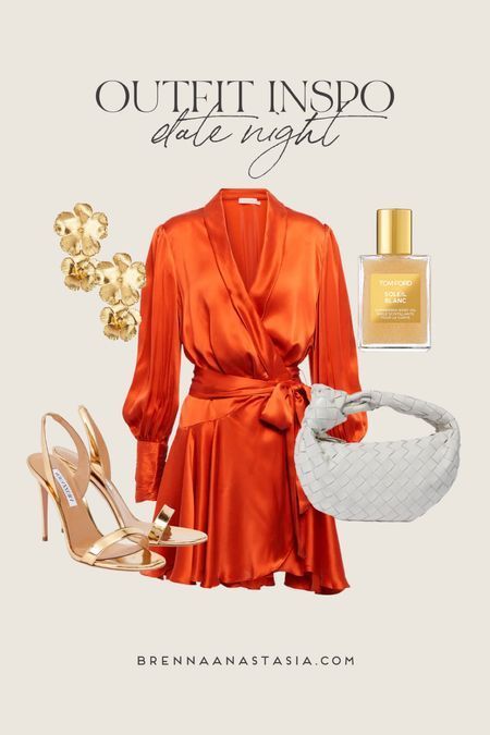 Date night outfit inspiration for summer! Love this orange satin dress paired with gold heels! #LTKFind #LTKSeasonal #LTKstyletip Burnt Orange Clothing, Orange Satin Dress Outfit, Orange And Gold Outfit, Burnt Orange Dress Outfit, Gold Heels Outfit, Orange Dress Outfits, Orange Satin Dress, Satin Dress Outfit, Silk Dress Fashion