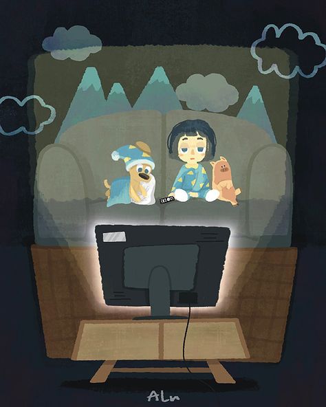 Watching Tv Illustration Art, Watching Tv Reference, Forest Illust, Watching Tv Drawing, Watching Tv Illustration, Dog Watching Tv, Tv Cartoon, Sugarcane Juice, Night Illustration