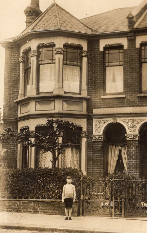 Old English postcard young boy on street outside exceptional semi-detached house Curtains On Front Door, Victorian English House, Edwardian Houses, Old English House, Dark Academia Home, Victorian Curtains, Inspector Calls, Victorian House Interiors, England History