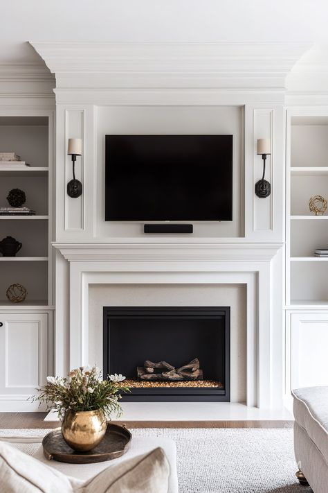 Built-In Around Fireplace: Elegant Solutions for Your Living Space - Quiet Minimal Built Ins With Tv On Side, Built Fireplace Wall, Simple Classic Fireplace, Fireplace With Cupboards Either Side, Brick Fireplace Mantle Makeover, Gas Fireplace Surround Ideas Stone, Long Linear Fireplace, Millwork Around Fireplace, Fireplace Great Room Ideas