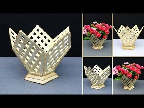 Diy Vase For Flowers, Art From Sticks, Popcycle Sticks Projects House, Diy Using Popsicle Sticks, Craft Using Popsicle Sticks, Diy Crafts With Sticks, Home Decor Ideas Paper Diy Crafts, Flower Vase Crafts Diy Projects, Diy Flower Vase Ideas Crafts