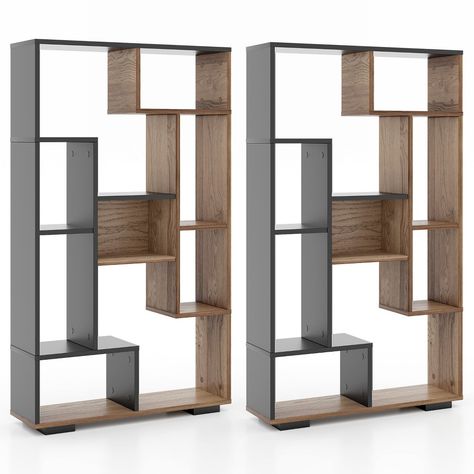 Are you looking for a bookshelf that stands out from the rest? Look no further than our geometric bookshelf. With its unique and modern design, this bookshelf features multiple open shelves, providing ample storage space for all your daily items such as books, plants, albums, and toys. Not only is this bookshelf stylish, but it is also versatile. Whether you need a room divider, a plant stand, or a storage solution for your books, this multipurpose unit is perfect for any scenario. It can seamle Bookshelves Simple, Storage Area Design, Self Standing Shelves, Black And Wood Shelves, Corner Book Shelves Ideas, Cool Shelf Ideas, Bookshelf Room Separator, Room Divider With Shelves, Shelving Storage Ideas