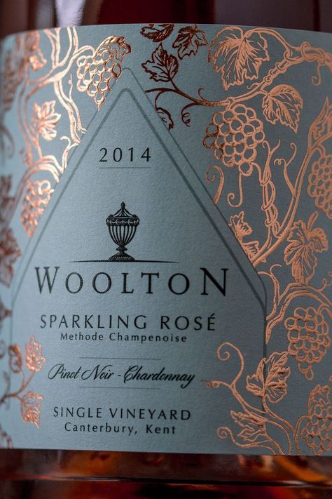 Woolton Farm has a beautiful vineyard from which they make highly exclusive and absolutely stunning sparkling rosé wine.We wanted to take everything that was unique about this wine and turn it into an equally high quality, premium label. As a single vin… Wine Label Illustration, Metallic Packaging, Rose Packaging, Wine Label Inspiration, Wine Pattern, Wine Bottle Label Design, Wine Label Template, Wine Branding, Negroni Cocktail