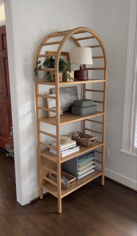 Bookcase, shelf styling, home office, office decor, neutral aesthetic, neutral spaces, interiors, simplicity Arched Bookcase, 70s Interior, Easy Room Decor, Dream Apartment Decor, Apartment Decor Inspiration, Girls Room Decor, Cozy Living Rooms, Apartment Living, New Room