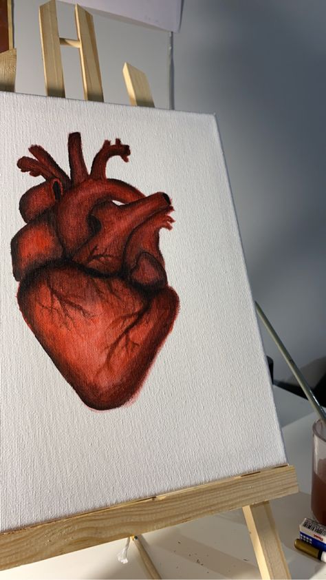 Anatomical Heart Painting Acrylics, Paintings That Represent Heartbreak, Heart Painting Easy, Heart Painting Tutorial, How To Paint Lips, Realistic Heart Painting, Heart Oil Pastel, Human Heart Painting, Painting Ideas Heart