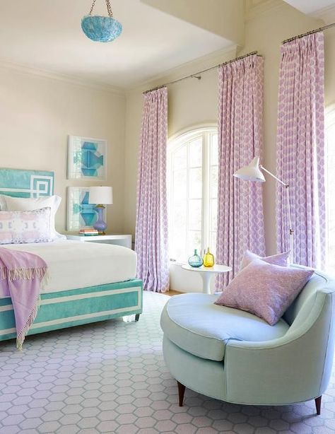 Lilac and turquoise contemporary girl's bedroom Contemporary Girls Bedroom, Blue Teen Girl Bedroom, Girls Blue Bedroom, Lilac Bedroom, Turquoise Curtains, Bed For Girls Room, Bedroom Turquoise, Retro Dining Chairs, Teal Bedroom