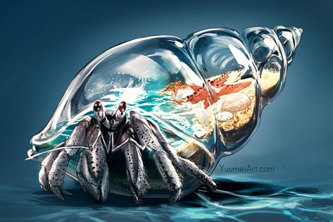 Yuumei Art, Crab Illustration, Crab Tattoo, Sculpture Images, Hermit Crab, Glass Animals, Chinese Art, Fantasy Creatures, Animation Art