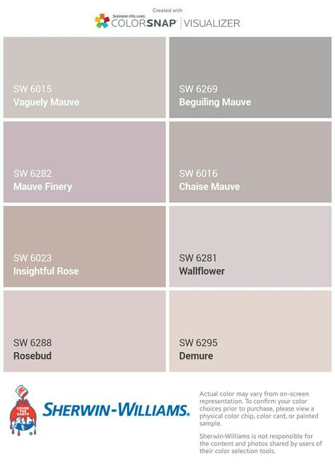 I just created this color palette with the Sherwin-Williams ColorSnap® Visualizer app on my Android phone. What do you think? You can learn more about ColorSnap Visualizer and get it on your phone free by visiting http://www.sherwin-williams.com/colorsnap. Mauve Sherwin Williams Paint, Light Mauve Paint Sherwin Williams, Wallflower Sherwin Williams, Chelsea Mauve Sherwin Williams, Sherwin Williams Insightful Rose, Studio Mauve Sherwin Williams, Sherwin Williams Wallflower, Chaise Mauve Sherwin Williams, Insightful Rose Sherwin Williams