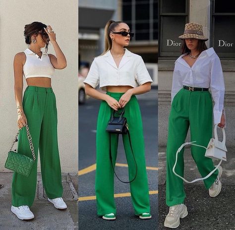 Colourful Wide Leg Pants Outfit, How To Style Green Wide Leg Pants, Green Pantalon Outfit, How To Style Pants, Palazzo Verde Outfit, Green Pants Outfit Casual, Wide Pants Outfit Casual, Outfits Con Verde, Outfit With Green Pants