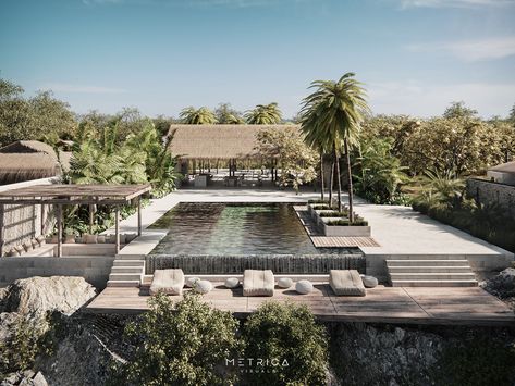 CASA PALMAR on Behance Bungalow Resorts, Clubhouse Design, Hotel Landscape, Villa Pool, Sustainable Building Materials, Glamping Resorts, Resort Architecture, Island Villa, Outdoor Living Design