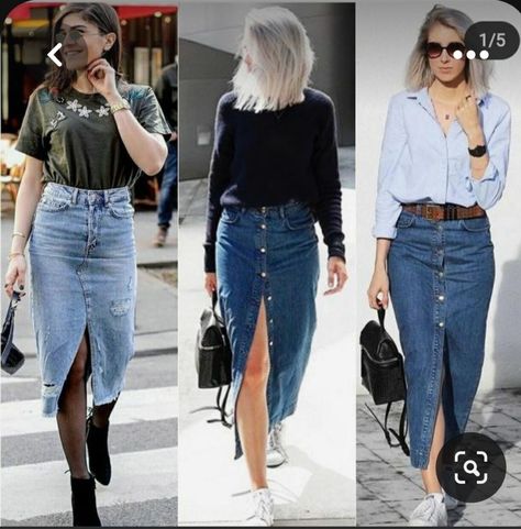 Jean Skirt Tennis Shoes Outfits, Long Denim Skirt Office Outfit, Denim Pencil Skirt Outfit, Denim Skirt Outfit Fall, Denim Midi Skirt Outfit, Long Denim Skirt Outfit, Denim Skirt Trend, Rok Outfit, Denim Skirt Fashion