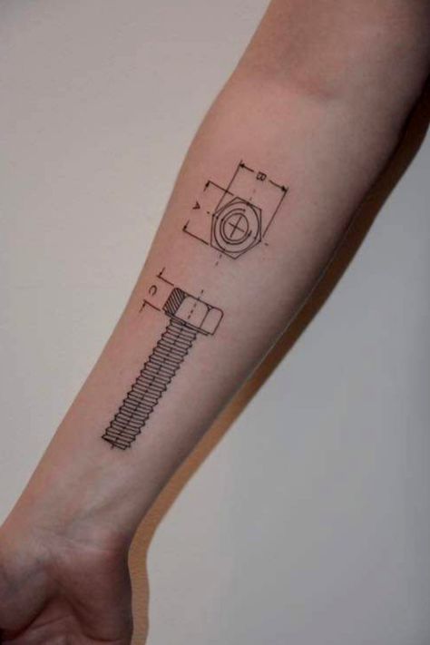 Screw Tattoo Ideas, Technical Tattoo, Blueprint Tattoo, Screw Tattoo, Realistic Tattoo Ideas, Drum Tattoo, Moving On Tattoos, Science Tattoo, Science Tattoos