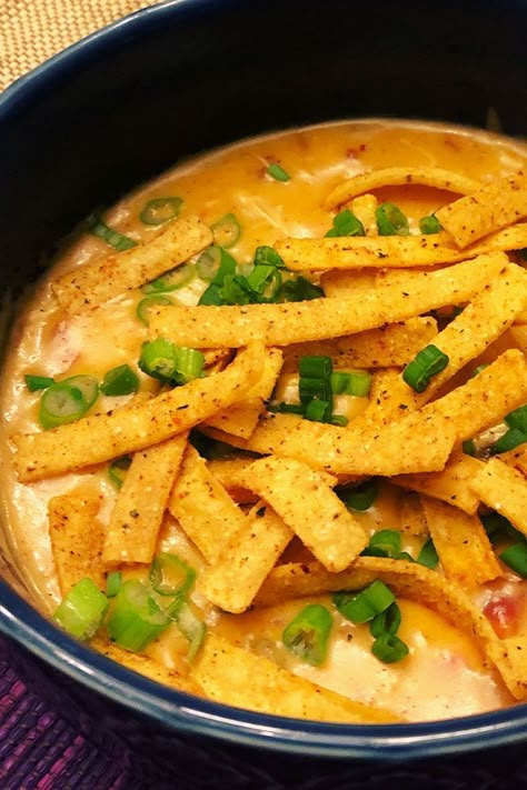 Easy Cheesy Chicken Tortilla Soup, Ree Drummond Chicken Tortilla Soup, Chicken Tortilla Soup With Velveeta, Cheesy Chicken Tortilla Soup Crock Pot, Football Soup Recipes, Slow Cooker Nacho Soup, Cheesy Tortilla Soup, Shredded Chicken Taco Seasoning, Nacho Soup Recipe