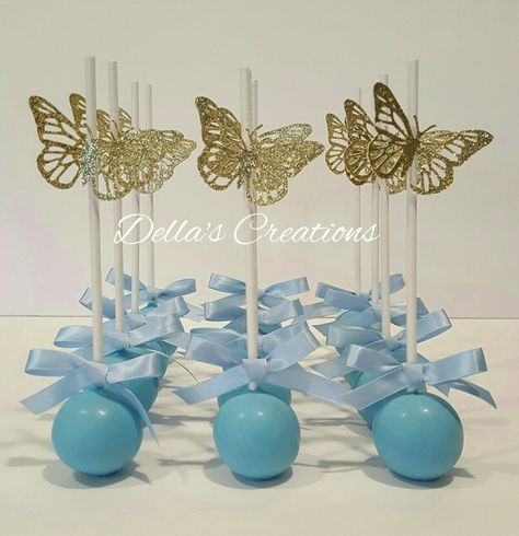 Cinderella themed / blue butterfly cake pops Butterfly 15 Theme Blue, Blue Butterfly Quinceanera Theme Cake, Blue Butterfly 15 Theme, Blue Butterfly Party Ideas, Blue Butterfly Theme Party, Blue Butterfly Themed Birthday Party Backdrop, Quince Cake Pops, Blue Butterfly Sweet 16 Decorations, Blue Butterfly Wedding Theme