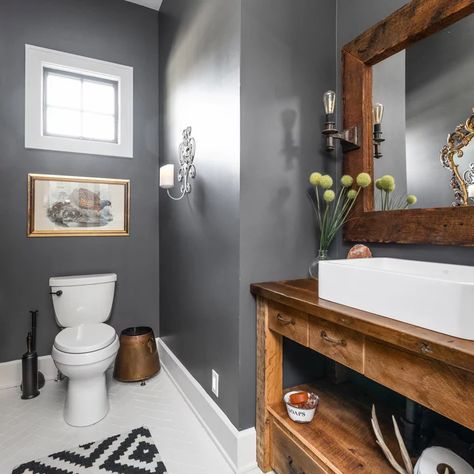 75 Gray Powder Room Ideas You'll Love - April, 2022 | Houzz Powder Room Gray Tile Floor, Powder Room Grey Vanity, Dark Brown Powder Room, Gray Powder Room Ideas, Dark Gray Powder Room, Dark Paint Colors For Powder Room With Art, Half Bath Dark Grey Vanity, Grey Powder Room Ideas, Gray Powder Room