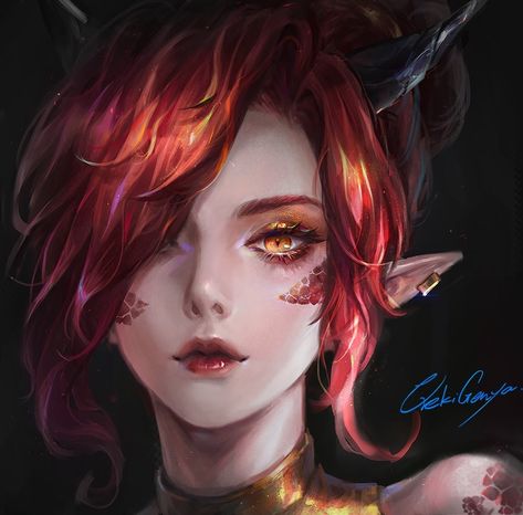 Artstation Dragon, Girl Avatar, Dragon Eyes, Female Dragon, Dragon Girl, Girls With Red Hair, Dragon Artwork, Random Art, Red Dragon