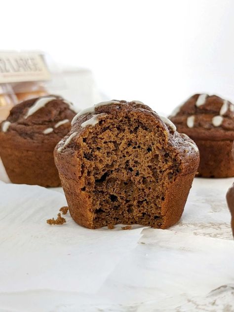 Gingerbread Protein Muffins - Easy, Festive, Healthy! Chocolate Orange Pound Cake, Healthy Protein Muffins, Protein Gingerbread, Gingerbread Muffins Recipe, Gingerbread Protein, Buttermilk Pancakes Easy, Healthy Holiday Treats, Molasses Muffins, Gingerbread Muffins