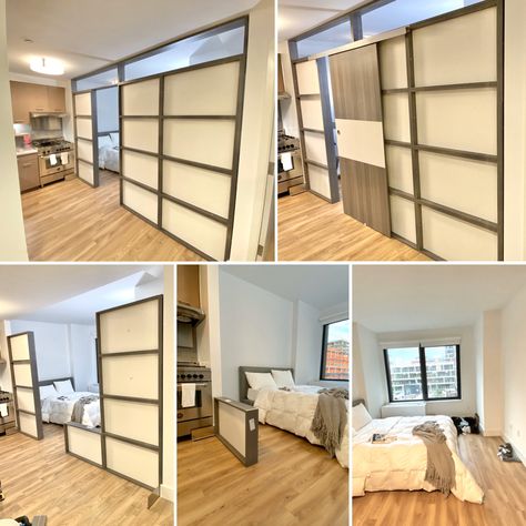 Furniture divider with a sliding door Loft Bedroom Divider, Room Dividers Privacy, Commercial Room Dividers, Wall Devider Idea, Diy Divider Wall Partition Ideas, Loft Room Divider Ideas, Basement Room Dividers, Bedroom Divider Ideas Room Partitions, Sliding Walls Room Dividers