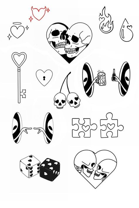 Valentines Day Tattoo Flash #3 By Rene Cristobal. Love the heart with the two 'loving skulls' in it. That means something good, right? Of course a "key to your heart" should be required by all. #ReneCristobal #tattoospecial #tattoodeal #tattooshop #tattiooartist #atlantatattooartist #atlantatattooshop #flashtattoo #tattoodesign #blackworkdesign #tattooholiday #bodypiercing #bodypiercingspecial #atlantashopping #atlantadeal #tattooidea #ironpalmtattoos #atlantaink #castleberryhill Cute Small Simple Tattoo Ideas, Skull Patchwork Tattoo, Flash Tattoos Men, Matching Tattoo Flash, Flash Tattoo Heart, Tiny Tattoo Flash Sheet, Flash Sheet Tattoo Ideas, Valentines Tattoo Designs, Simple Tattoo Flash Sheet