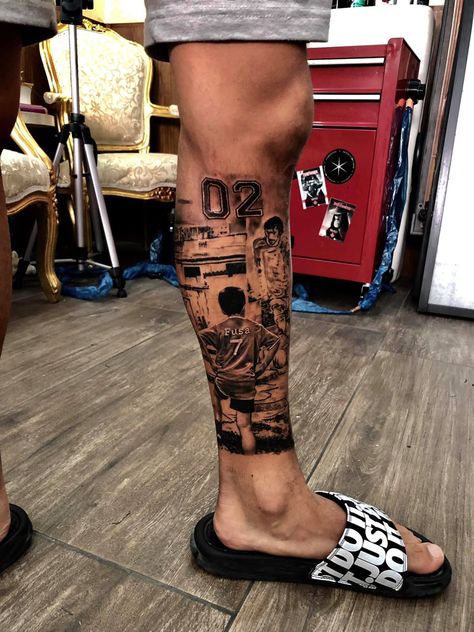 Football Leg Tattoo Men, Football Tattoo Ideas For Men Arm, Soccer Leg Tattoo, Football Tatoos Ideas, Football Tattoo Ideas For Men Leg, Soccer Tattoos Ideas, Tatoos Men Leg Ideas, Football Tattoo Ideas For Men, Lower Leg Tattoos For Men