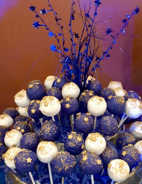 Starry Night Cake Pops, Sweet 16 Night Under The Stars, A Night Under The Stars Centerpieces, Under The Stars Quinceanera Theme Cake, Starry Night Quinceanera Cake, Starry Night Homecoming Decorations, Starry Night Graduation Party, Starry Night Dessert Table, Star Quinceanera Dress