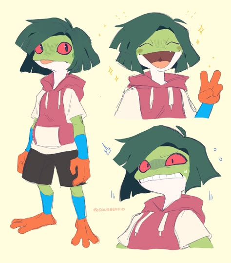 Rainbow Character Design, Frog Oc, Frog Girl, What Have I Done, Mythical Creatures Art, Cartoon Character Design, Character Design References, Green Hair, Creature Design