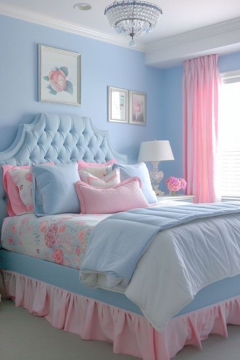 Light Color Bedroom Ideas Colour Schemes, Pastel Walls Bedroom Paint Colors, Bright Floral Bedroom, Pink And Blue Room Ideas Bedrooms, Light Teal Bedroom Color Schemes, Baby Blue Room Ideas, Blue And Pink Bedroom For Adults, Cotton Candy Bedroom, Light Blue And Pink Bedroom