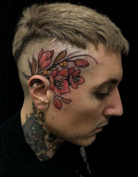 Tattoo Crane, Red Flower Tattoos, Hairline Tattoos, Infected Tattoo, Men Flower Tattoo, Scalp Tattoo, Face Tats, Design Tattoos, Oli Sykes