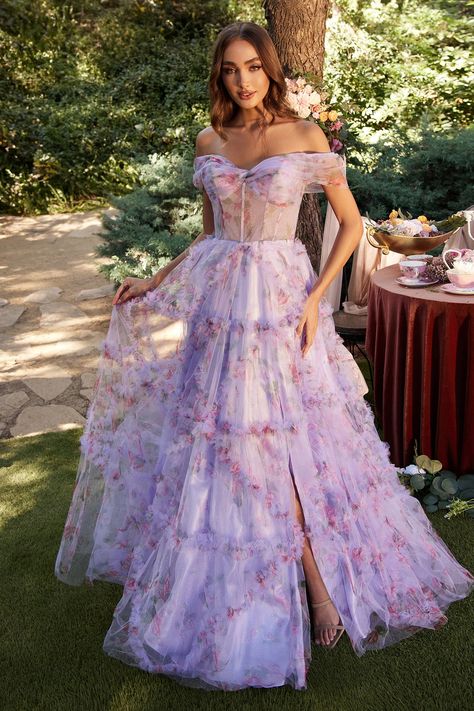 Not my pics Lilac Off The Shoulder Prom Dress, Beautiful Feminine Dresses, Renfaire Outfits, Camila Core, Lavender Floral Dress, Garden Party Dresses, Whimsical Dresses, Lavender Wedding Dress, Andrea And Leo