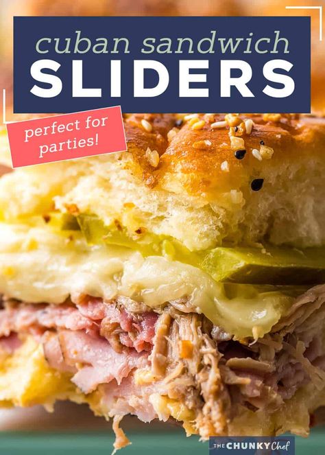 These Cuban Sliders are a fun appetizer version of the classic Cuban sandwich! Loaded with ham, pulled pork, mustard sauce, cheese and pickles, you'll love every bite of these delicious crowd-pleasing sliders. #sliders #cuban #ham #pork #appetizers #fingerfoods #partyfood Cuban Sandwich Sliders, Pulled Pork Appetizer, Cuban Sliders, Ham And Cheese Sliders, The Chunky Chef, Sandwich Menu, Chunky Chef, Big Dinner, Pulled Pork Sliders