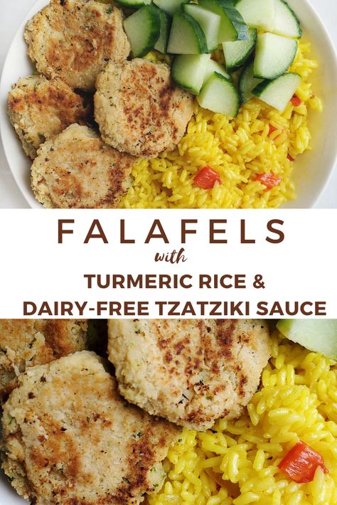 Falafel Bowl with Turmeric Rice & Tzatziki Sauce{DF} - Thriving Gluten Free Easy Falafel Recipe, Gluten Free Falafel, Easy Falafel, Falafel Recipe Easy, Falafel Bowl, Turmeric Rice, Healthy Lunch Snacks, Falafel Recipe, Easy Mediterranean Diet Recipes