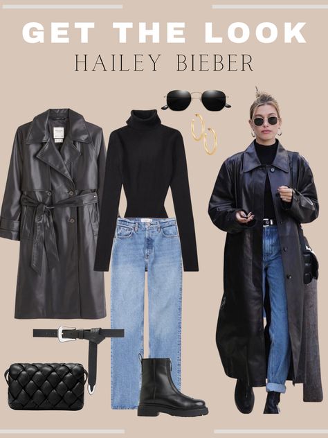 Leather Trench Coat Street Style, Black Leather Coat Outfit, Black Leather Trench Coat Outfit, Winter Fashion Street Style, Trench Coat Street Style, Casual Outfit Winter, Hailey Bieber Outfits, Jeans Coat, Boots Jeans