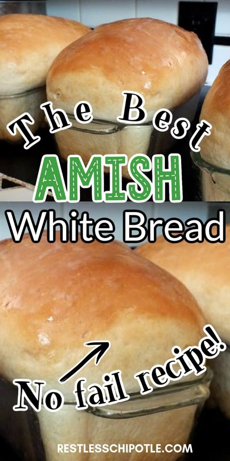 Soft loaves of fresh baked bread with Pinterest overlay. Amish Bread Recipes, Amish White Bread, Best Homemade Bread Recipe, Pudding Chia, Bread Maker Recipes, Homemade Bread Recipes Easy, Bread Starter, Homemade Bread Easy, Best Bread Recipe