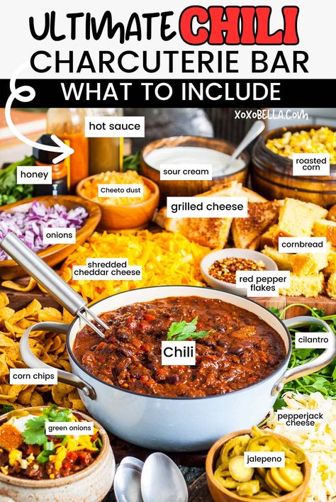 The best toppings to put on chili and chili con carne sides tend to vary from person to person, since we all have different preferences. Someone might want rice, someone else might prefer cornbread, and then some people want both! The easiest (and most fun!) way to make sure everyone can choose their own toppings and sides to make their perfect chili bowl is to make a charcuterie board offering chili sides and toppings and just let everybody make up their own bowl. Chili For Halloween Party, Drink Charcuterie Board Party Ideas, Winter Food Board, Hosting Halloween Dinner, Chili Night Party, Meal Charcuterie Board, Chili Sides Ideas, Chili Dinner Ideas, Chili Charcuterie Board