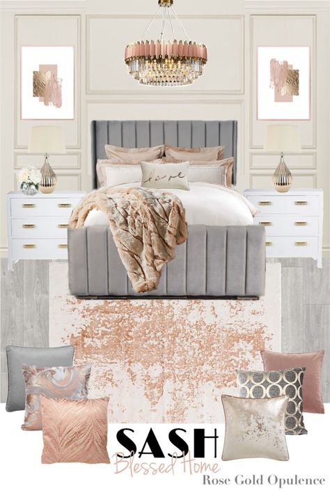 Rose Gold Theme Bedroom, Rose Gold And Grey Bedroom Room Ideas, Rose Gold Room Ideas Bedrooms, Beige And Gold Bedroom, White Gold Bedroom, Grey And Gold Bedroom, Rose Gold Room Decor, Rose Gold Rooms, Rose Gold Bedroom