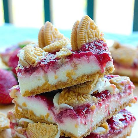 Golden Oreo Strawberry Cheesecake Bars Strawberry Oreo Cheesecake, Strawberry Cheesecake Bars, Golden Oreo, Cheesecake Bars, Harvest Festival, Strawberry Cheesecake, Eat Dessert, Cookies And Bars, Dessert Bars