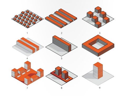 Urban Morphology, Housing Typologies, Axonometric Diagram, Typology Architecture, Urban Ideas, Urban Analysis, Urban Design Graphics, Urban Design Architecture, Concept Diagram