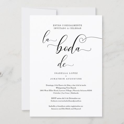 Spanish Wedding Invite All in One w- RSVP Registry Spanish Calligraphy, Spanish Wedding Invitations, Simple Backdrop, Wedding Invitation Fonts, Minimal Wedding Invitation, Invitation Fonts, Spanish Wedding, Wedding Anniversary Invitations, Wedding Invitations Online