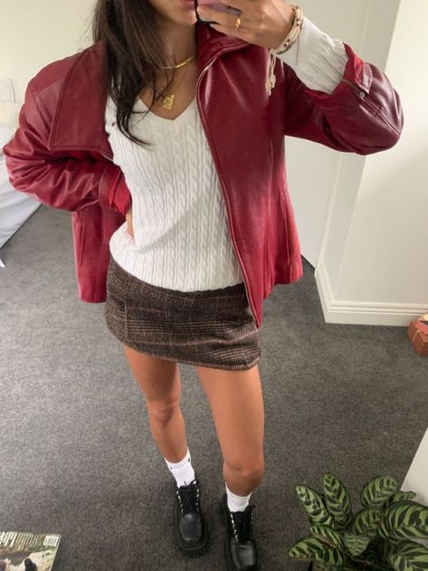 Red Fall Outfits Aesthetic, Red Skirt Fall Outfit, Red Mini Skirt Outfit Aesthetic, Leather Red Jacket Outfit, Fall Outfits Cherry Red, Fall 2023 Red, Plaid Red Skirt Outfit, Cherry Red Fall Outfit, Red Leather Blazer Outfit