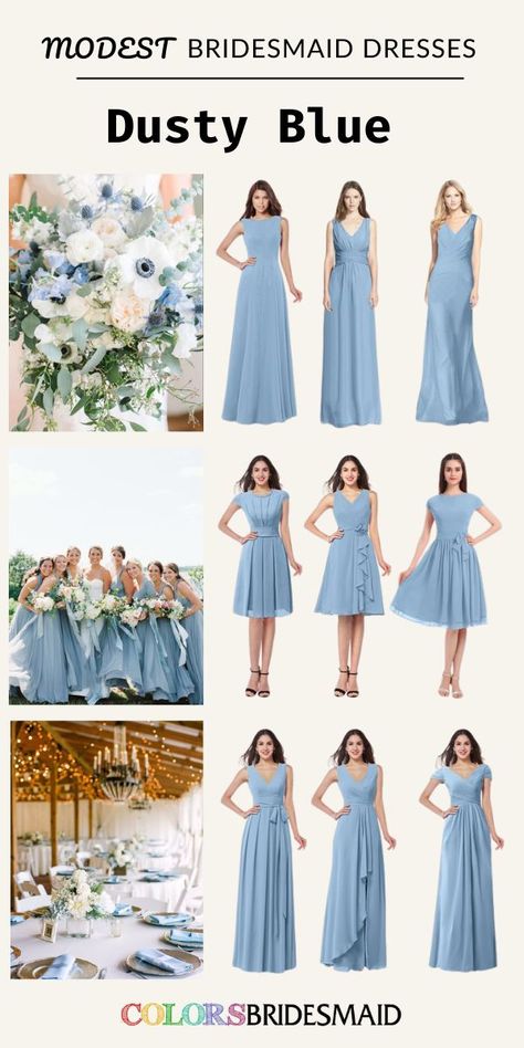 Blue Bridesmaid Dresses Modest, Blue Modest Bridesmaid Dresses, Brides Maid Dresses Blue, Bridesmaid Dresses Modest, Navy And Burgundy Wedding, Dusty Blue Bridesmaid, Dusty Blue Dress, Backless Bridesmaid Dress, Dusty Blue Color