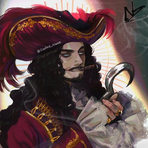 Disney Characters As Humans, Pirate Art, Disney Villains Art, Pinturas Disney, Captain Hook, Red Hat, Beautiful Drawings, 영감을 주는 캐릭터, Disney Fan Art