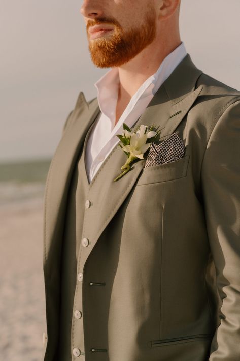 groom in olive green suit from suitsupply Green Wedding Outdoor, Olive Green Groom, Olive Green Suit, Don Cesar, Olive Green Weddings, Mediterranean Revival, Altar Arrangement, Green Garland, St Pete Beach