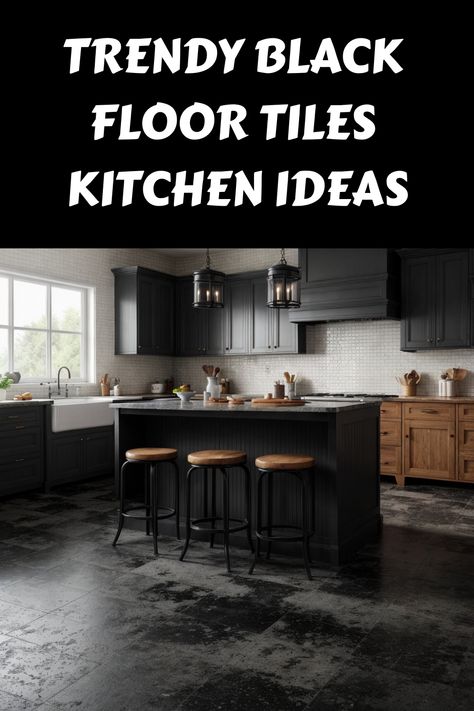 Trendy kitchen with black floor tiles, black cabinets, and a wooden island with bar stools. Vinyl Kitchen Floor, Black Slate Floor, Floor Tiles Kitchen, Black Flooring, Tiles Inspiration, Marble Floor Kitchen, Stylish Kitchen Decor, Tiles For Kitchen, Black Floor Tiles