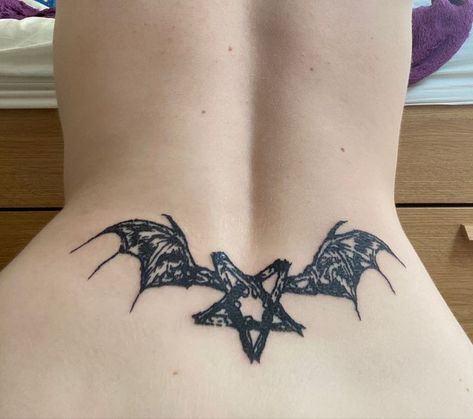 Trad Goth Tattoo Ideas, Bat Lower Back Tattoo, Goth Back Tattoo Women, Tattoo Ideas Gothic, Low Stomach Tattoo, Goth Tattoos For Women, Gothic Tattoos For Women, Emo Tattoos Goth, Gothic Sternum Tattoo