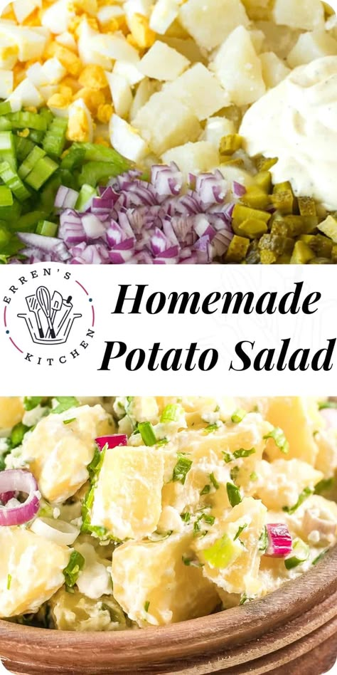 An easy summer side dish everyone will enjoy - Creamy potato salad full of zesty flavor made with pickles, celery, red and green onions, and hard boiled eggs. Zesty Potato Salad, Potato Salad With Celery, Potato Salad With Pickles, Homemade Potato Salad, Salad With Egg, Best Potato Salad, Homemade Potato Salads, Best Potato Salad Recipe, Easy Summer Side Dishes