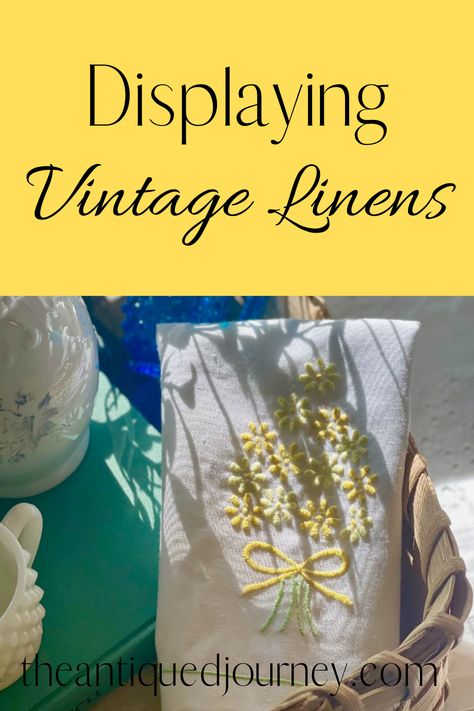 Tablecloth Display Ideas, Decorating With Vintage Handkerchiefs, Vintage Kitchen Linens, How To Display Vintage Hankies, Vintage Handkerchiefs Display, Display Vintage Linens, Table Runner Display, How To Display Linens In A Booth, How To Display Vintage Tablecloths