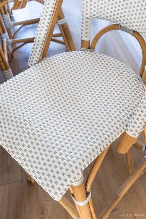 The seats of our counter stools - it's a plastic weave which makes them easy to clean and kid friendly! Kid Friendly Bar Stools, Comfy Bar Stools, Dining Interior Design, Island Makeover, Kitchen Island Makeover, Chippendale Design, Counter Stools With Backs, Coastal Kitchen Design, Island Chairs