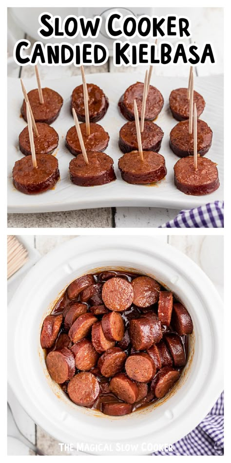 Crockpot Pitch In Ideas, Slow Cooker Candied Kielbasa, Candied Kielbasa, Kielbasa Sausage Recipes, Kielbasa Appetizer, Crockpot Snacks, Kielbasa Bites, Kielbasa Recipe, Slow Cooker Candy